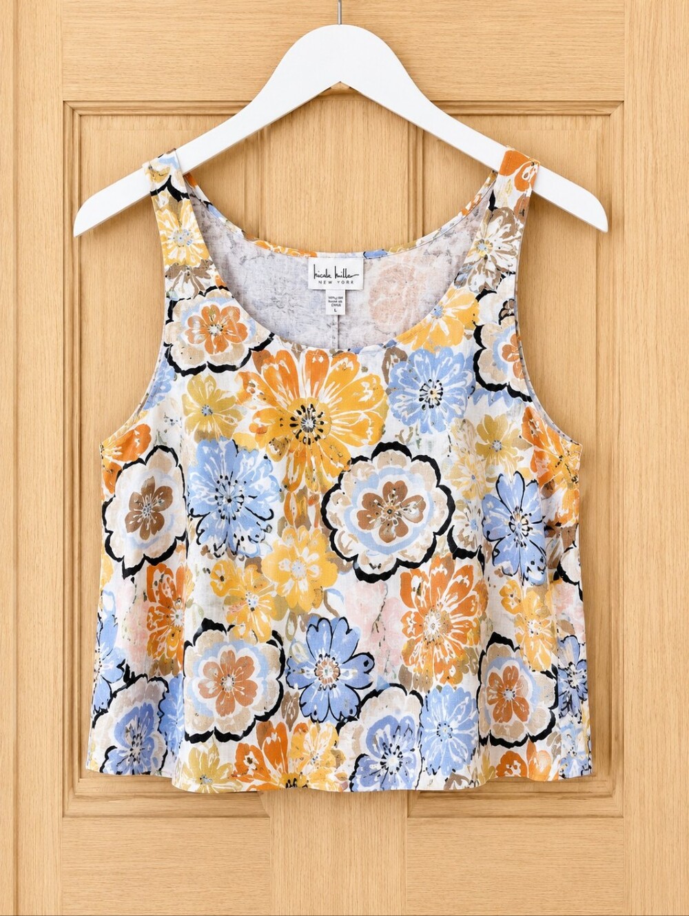 NWT Nicole Miller 100% Linen Boho Floral Crop Tank  Coastal Cottage LARGE